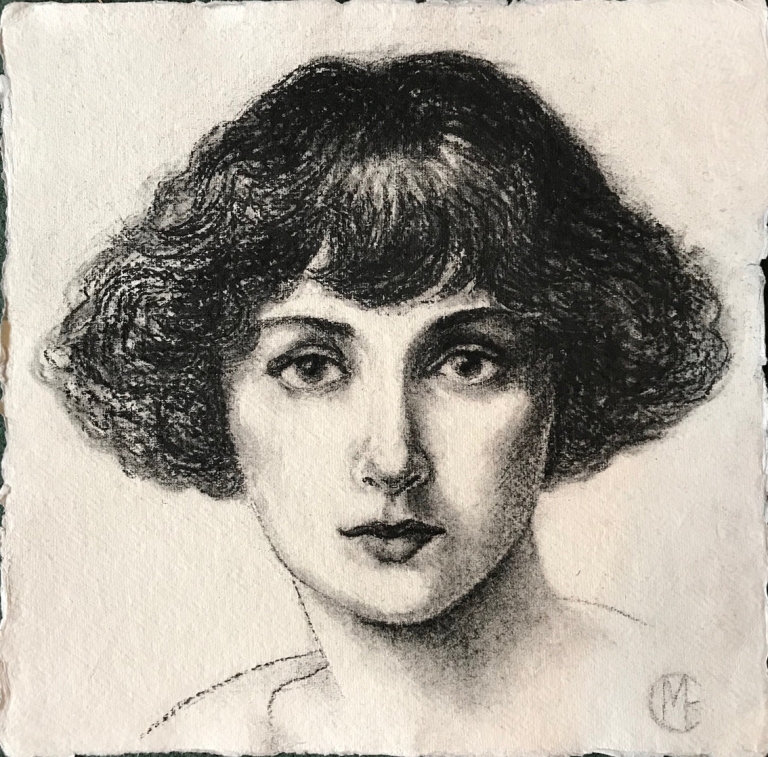 Charcoal drawing of Bella, by Marina Elphick, 2019. Bella Chagall, wife and muse of the artist. Nee Bella Rosenfeld.