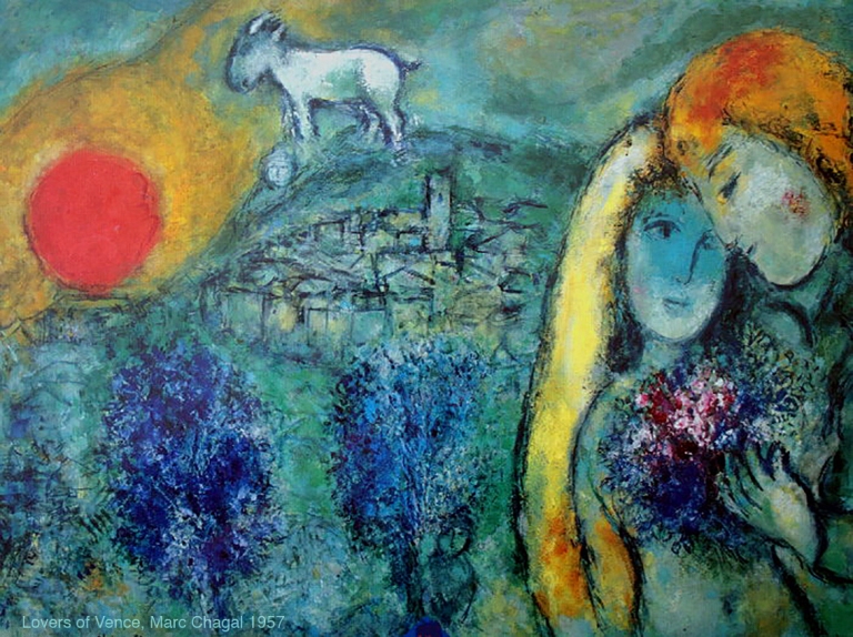 'Lovers of Vence', by Marc Chagall, 1957. Bella Rosenfeld, Bella Chagall.