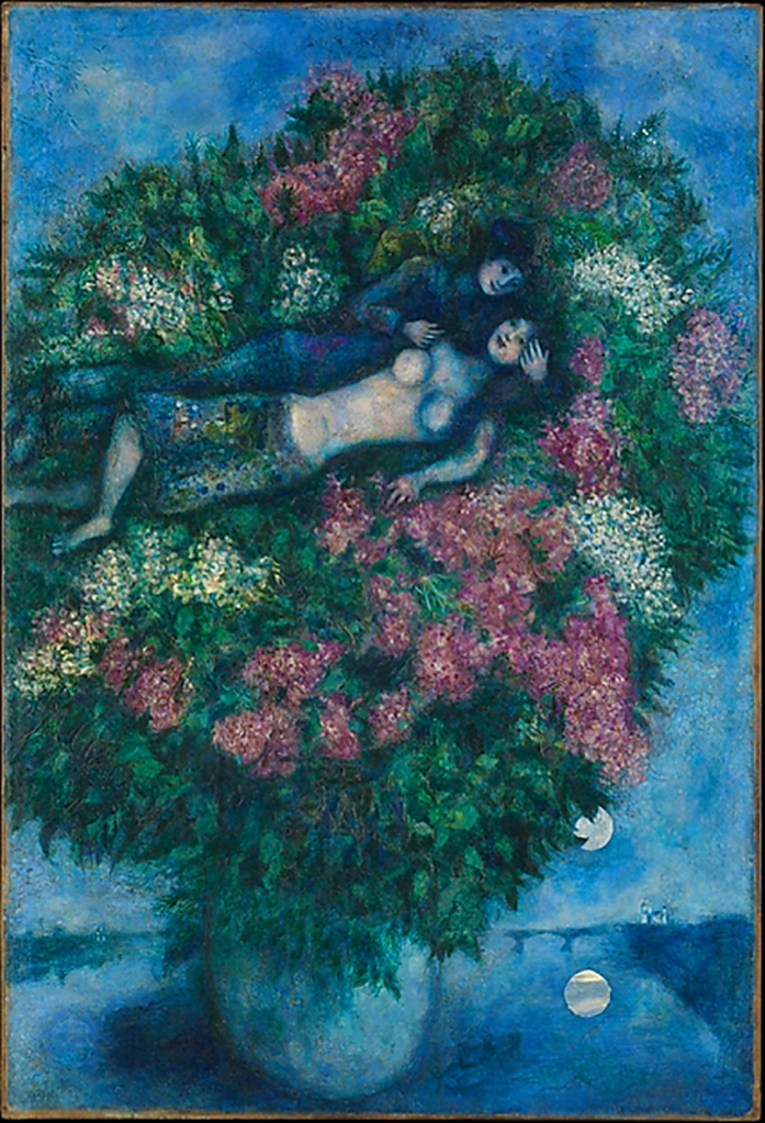 'Lovers Among Lilacs', by Marc Chagall, 1930. Bella Rosenfeld, Bella Chagall.